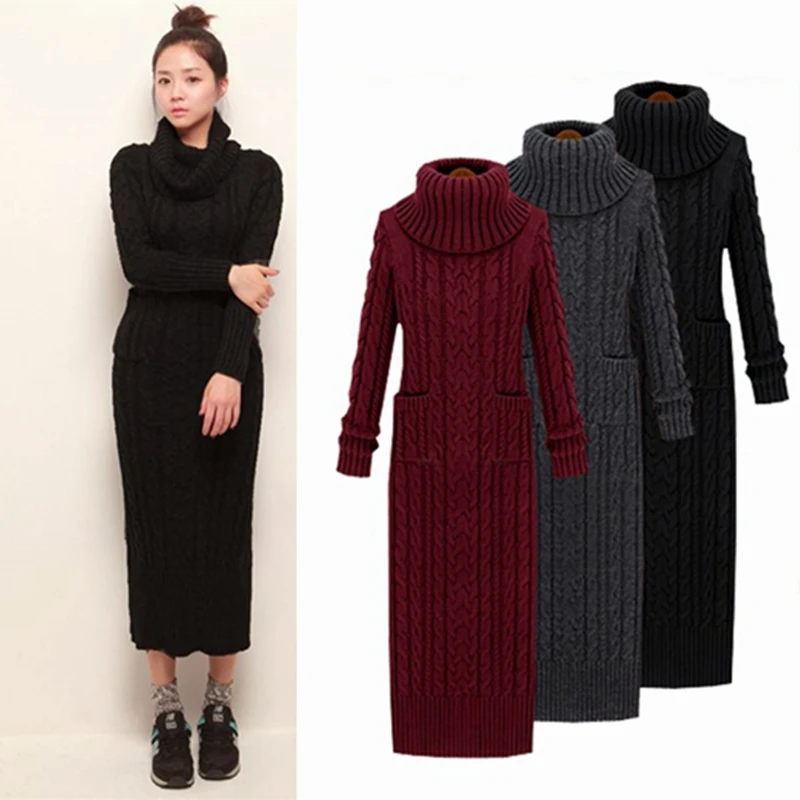 2017new korean Winter Women Sweater Dress Korean High-Necked Long Slim Twist Turtleneck Knitted | Женская одежда