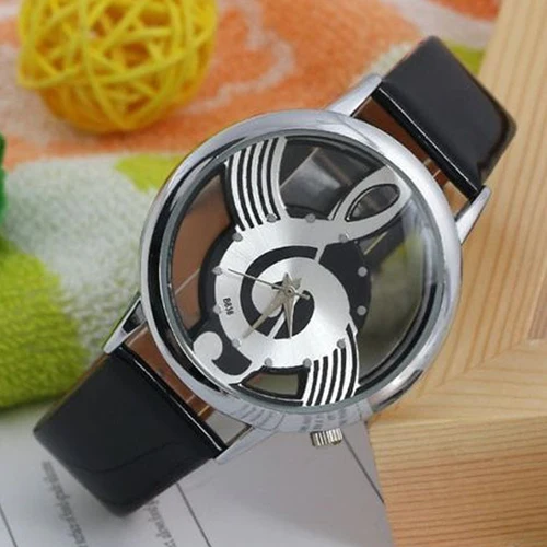 Popular Women's Men's Musical Note Notation Hollow Faux Leather Strap Quartz Wrist Watch | Наручные часы