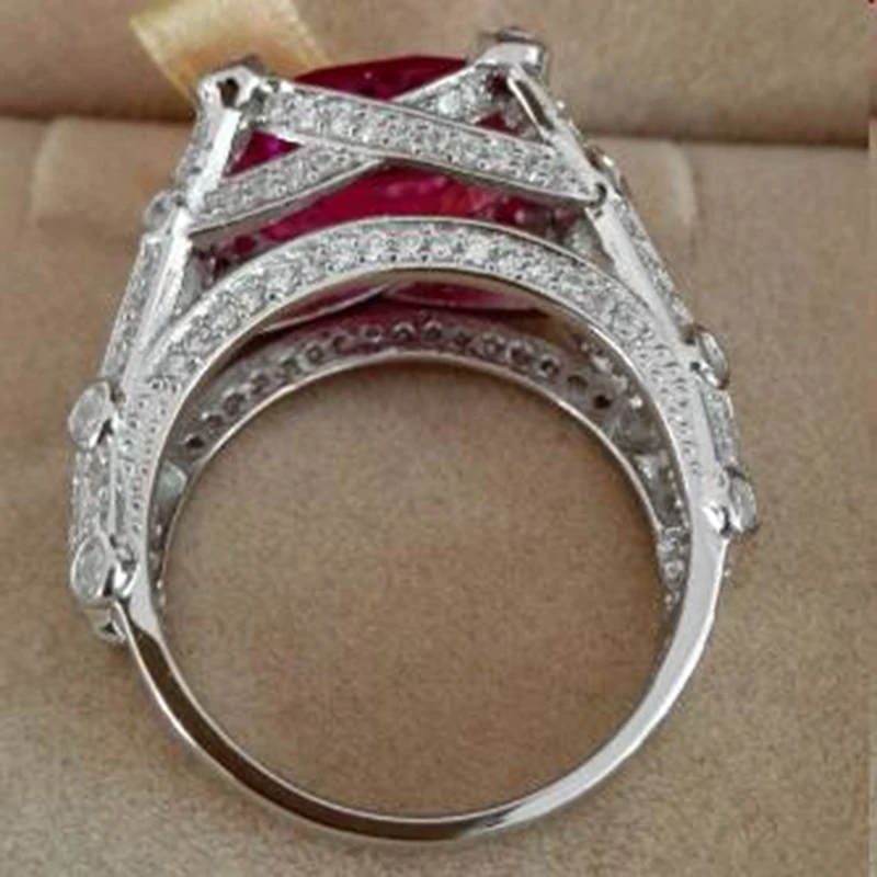 New Anillos Qi Xuan_Jewelry_Big Red Stone Luxury Cocktails Finger Rings_S925 Solid Silver Rings_Factory Directly Sales | Украшения и