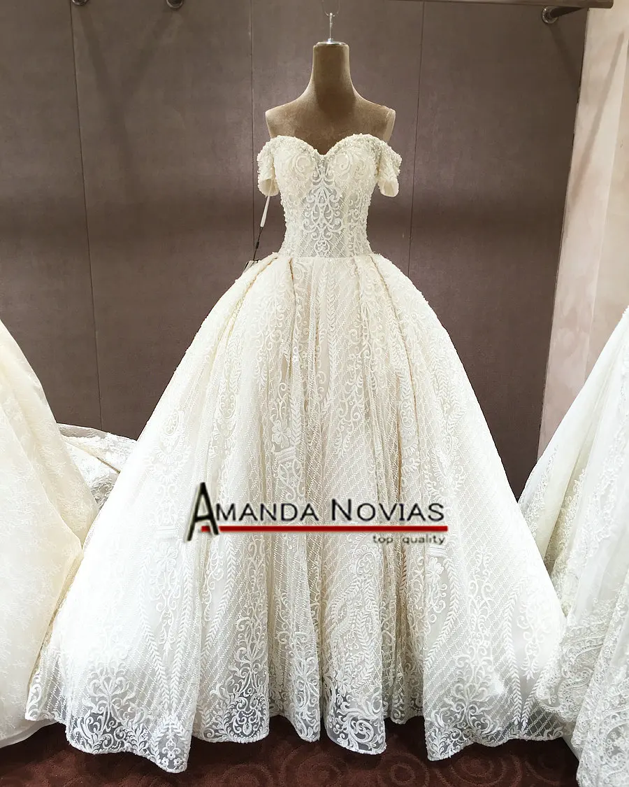 Новое поступление настоящая роскошь Аманда Novias длинный шлейф Милая бальное платье свадебное vestido de noiva