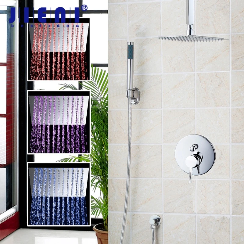 

JIENI 8 Inch LED Celing Mounted Rainfall Shower Head Set Hand Spray Mixer Shower Set Faucets 2 functions water Shower Mixer