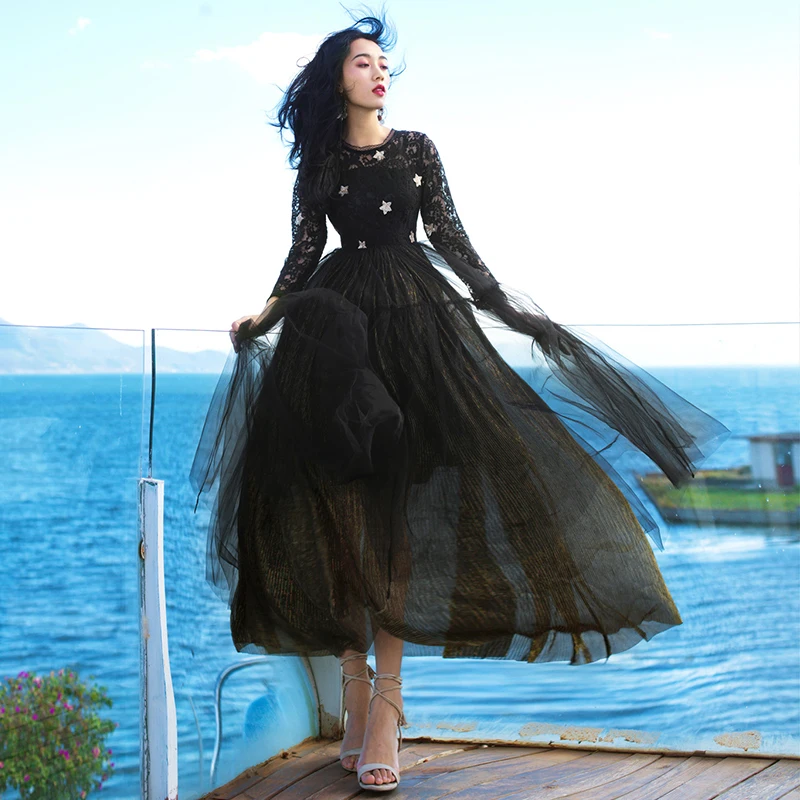 HAMALIEL черное кружевное лоскутное Сетчатое богемное пляжное летнее платье 2018