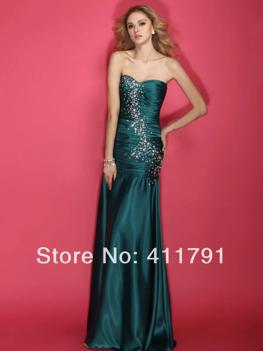 bridal Dresses Can Be Customized New Dark Green and ground long section Strapless Satin Beaded Sexy Evening Toast Dress | Свадьбы и
