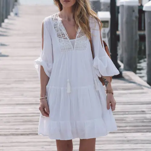 

Women Lace V neck Beach Dress Bikini Swimwear Cover-Ups Bathing Suit 3/4 Sleeve White Loose Dresses