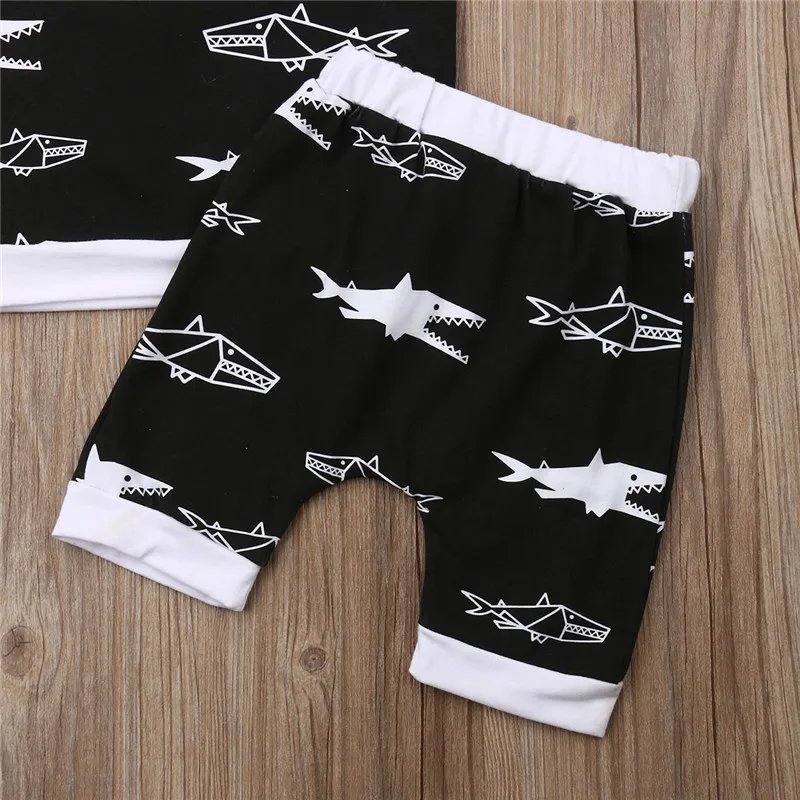 Fashion Summer Kids Baby Boy Outfits Shark Printed 2Pcs Sleeveless Hooded Vest+Elastic Waist Shorts Cotton Clothes Sets 1-6Y | Детская