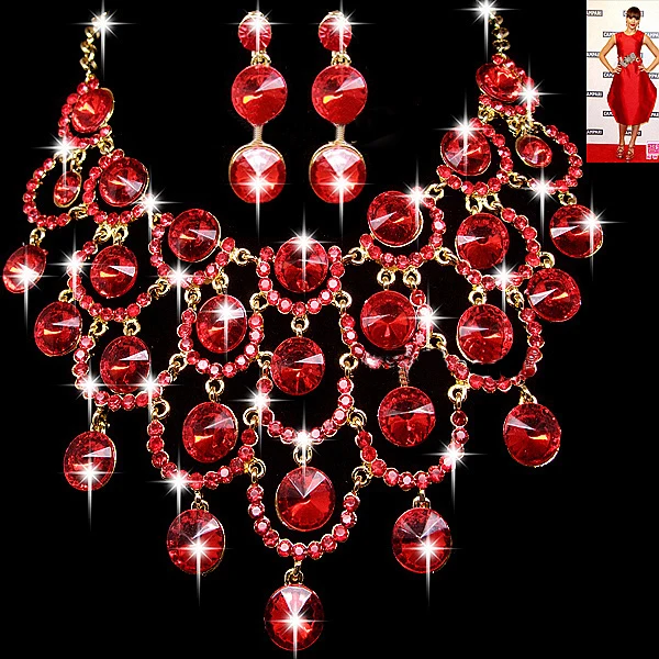 1Set Red Statement CZ Rhinestone Wedding Jewelry Sets Best Presents For Bridal Necklace Earrings Tiara Pageant | Украшения и