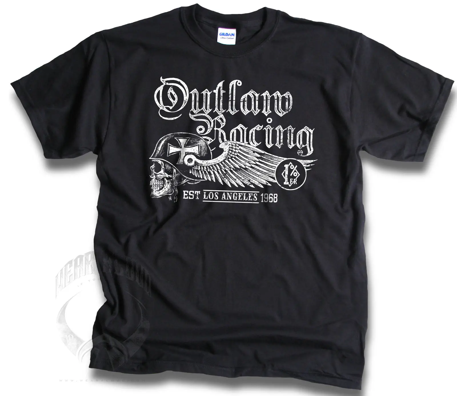 

2019 Fashion Hot sale 100% cotton Outlaw Racings Los Angeles 1968 Skull Wings Mens Black Biker T Shirt Sm -3XL Tee shirt