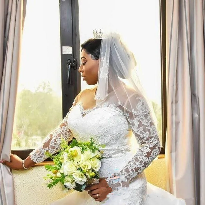 

2020 Luxury African Mermaid Wedding Dresses Lace Long Sleeves Ruffles Tiered Backless Organza court Train Plus Size Bridal Gowns