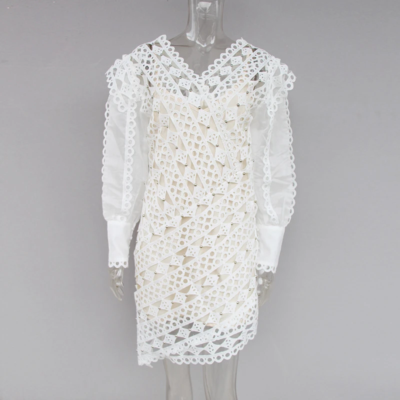 2019 Spring Designer Runway Dress Women Vintage Embroidery Hollow Out Long Lantern Sleeve Irregular Mini Party Dresses Vestido | Женская