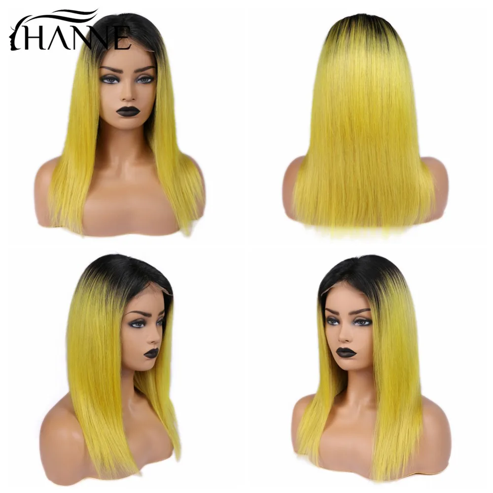 HANNE, 4*4, парик с закрытием, Remy, парик для черных женщин, Омбре, лимонно-желтый цвет, человеческие волосы, парики, прямые, бразильские, кружевные волосы remy