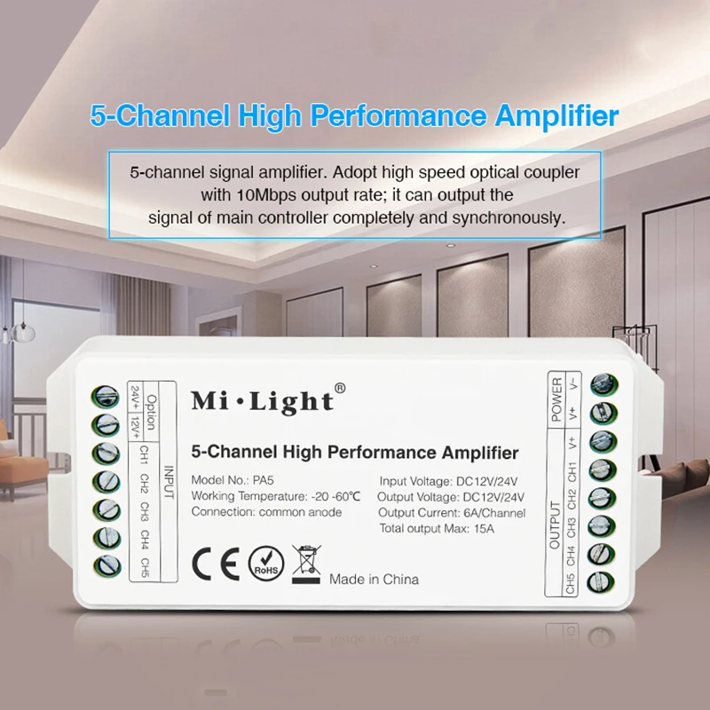 

Mi Light PA5 15A 5-канальный высокопроизводительный усилитель серии контроллера и все светодиодные контроллеры PWM типа DC12 24V