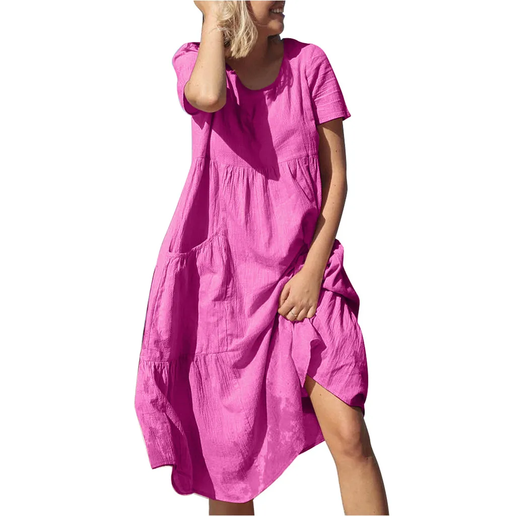 Hot Pink Женское летнее платье, женское модное однотонное платье с круглым вырезом, коротким рукавом и карманами, хлопковое льняное свободное пляжное Повседневное платье Y606 - Цвет: Hot Pink