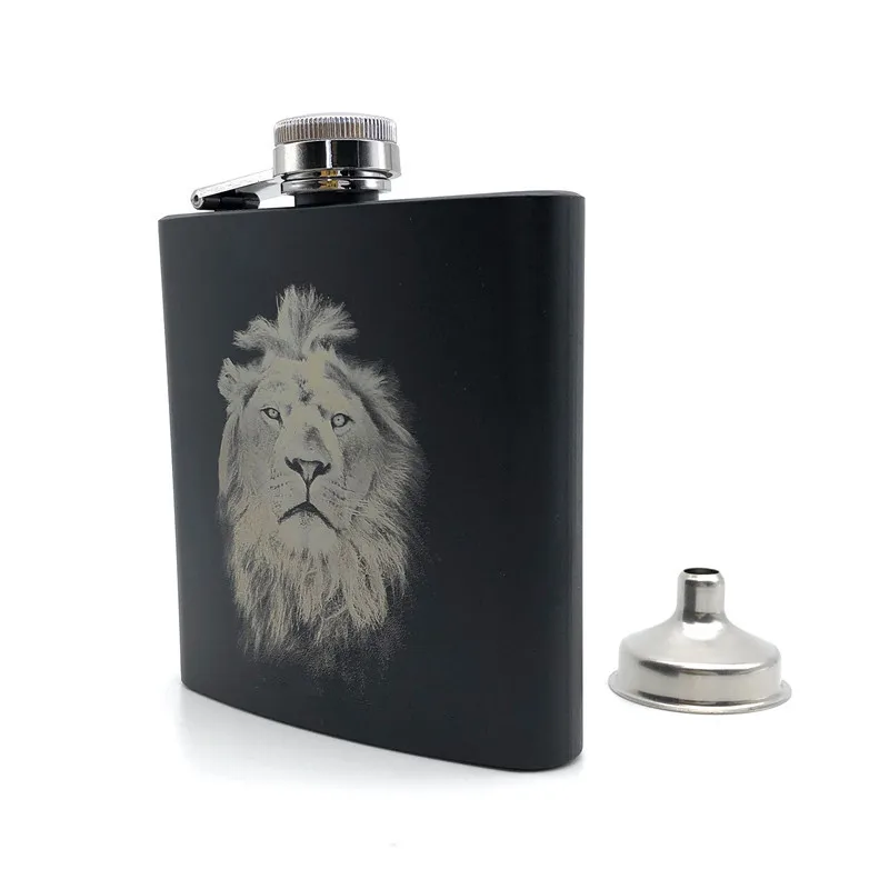 Черная фляжка King Lion 6 унций из нержавеющей стали, именная фляжка для спирта, ром, ликера, лазерная гравировка, Лев с одной воронкой
