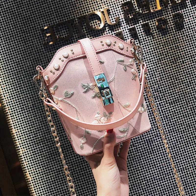 ETAILL Sweet Lace Floral Bucket Bag Luxury Shoulder Bags for Women 2018 Famous Brand Flowers Chain | Багаж и сумки