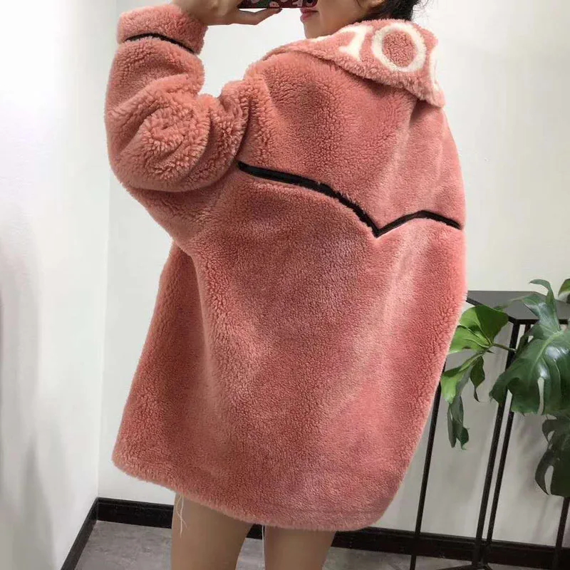 women winter jacket new female sheep fur coat plus size wool blends parka real fur Moto& Biker pink clothes Letter Pattern