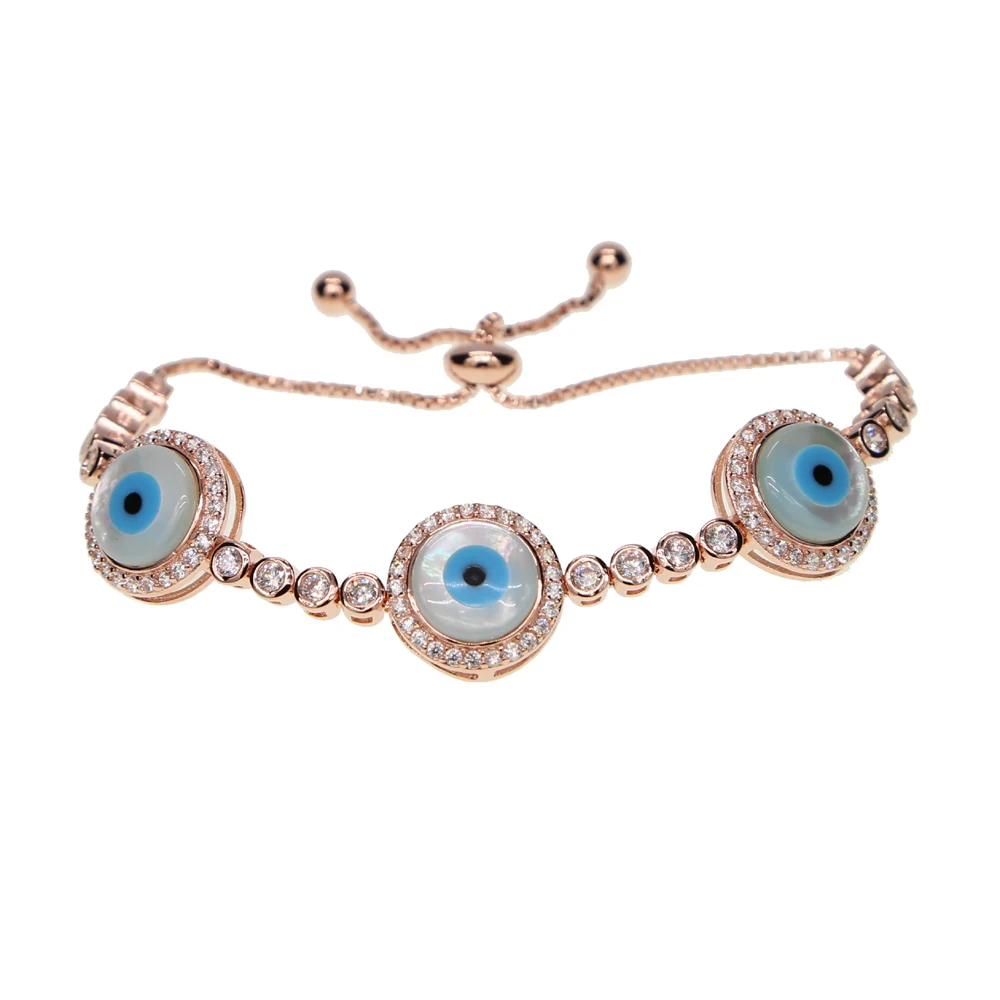 

2017 rose gold silver color mother of pearl stone cz tennis link chain Turkish evil eye tennis bracelet bangle
