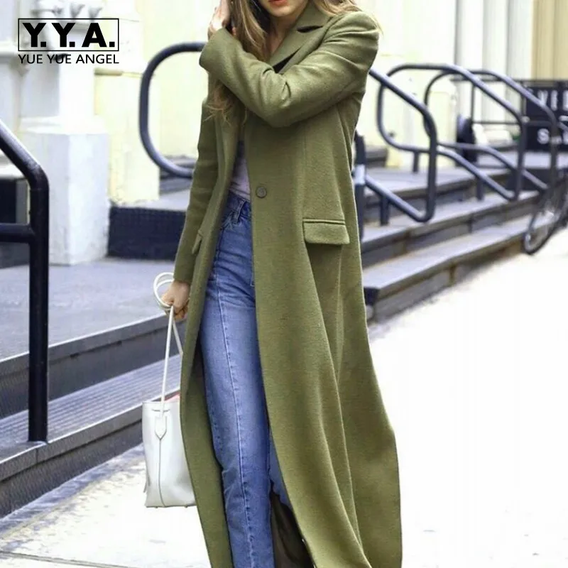 Новое подиумное женское супер длинное шерстяное пальто High Street Boyfriend костюм воротник шерсть пальто дамское приталенное зеленое Макси-Тренч
