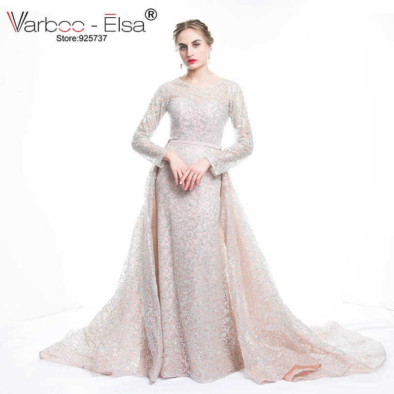 

VARBOO_ELSA 2021 New Arrive Glitter Sequins Evening Dress Long Detachable Train Party Gown Long Sleeve Muslim Prom Dress Arabic