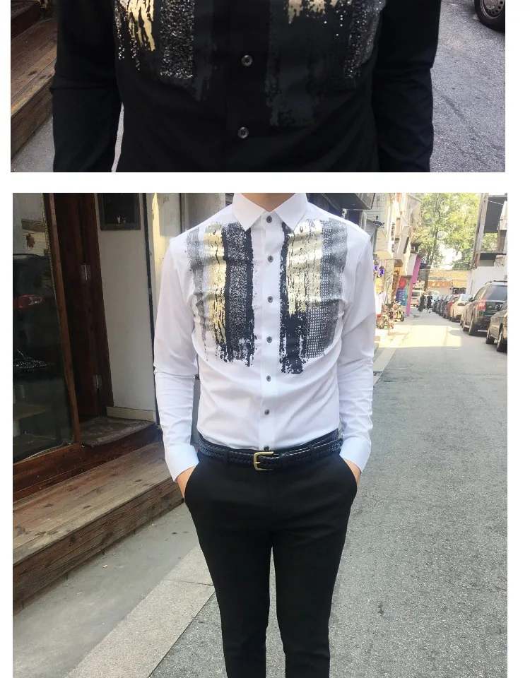 Модные Повседневные принты Для мужчин рубашки Бизнес Slim Fit черный, белый цвет сценический Мужской рубашка для певца певец этап Для мужчин s рубашки для мальчиков на свадьбу