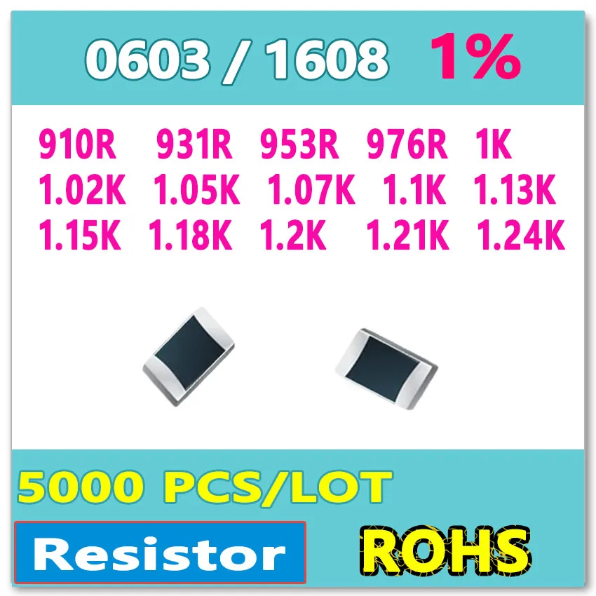 JASNPROSMA Ом 0603 F 1% 5000 шт. 910R 931R 953R 976R 1K 1 02 K 05 07 13 15 18 2 21 24 smd 1608|smd 1ksmd |