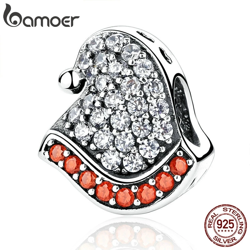BAMOER, милые 925 пробы, серебристые, красные и белые, рождественские шапки, бусины, Подвески, подходят для женщин, браслеты, хорошее ювелирное изделие, Рождественский подарок SCC071