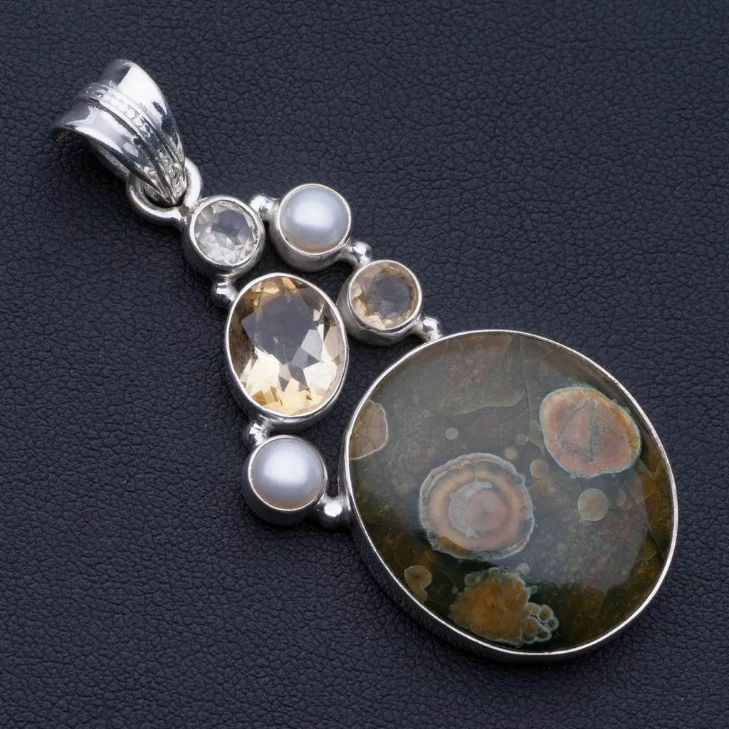 

Natural Ocean Jasper,River Pearl and Citrine Punk Style 925 Sterling Silver Pendant 2 1/4" P0636