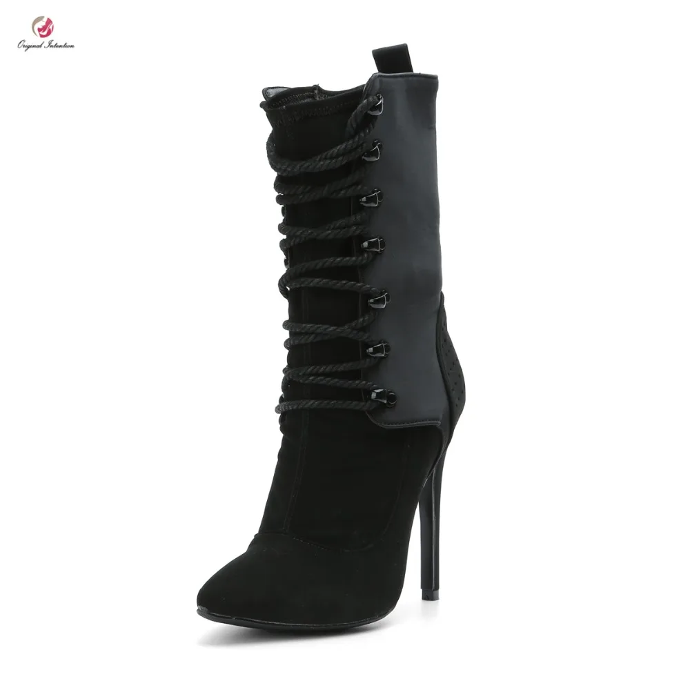 

Original Intention Women Mid-Calf Boots Super Sexy Cross-tied Nice Thin High Heels Boots Elegant Black Shoes Woman US Size 4-15.