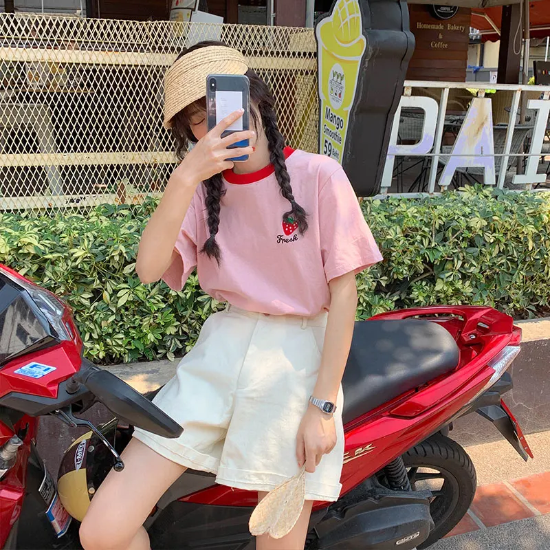 Harajuku женская одежда в Корейском стиле 2019 Летняя мода топы винтажная вышивка