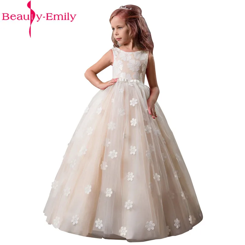 

Beauty Emily Elegant O Neck Flower Girl Dresses with Bow Belt 2019 New 4 Colors Sleeveless Pageant Dresses for Girls