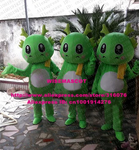 Wretched Green Dragon Loong Mascot Costume Cartoon Character Mascotte Adult Yellow Scarf Chubby White Belly No.9753 Free Ship |