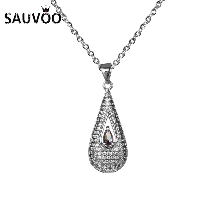 SAUVOO 1Pcs/lot Micro Pave CZ Water Drop Pendant Necklace For Women Stainless Steel Statement Chain BFF Gifts | Украшения и