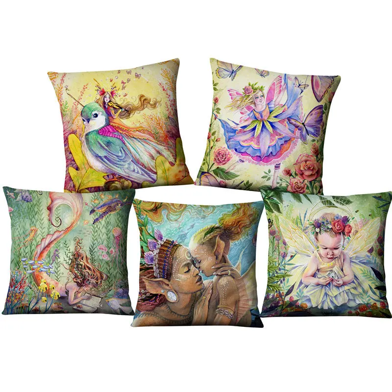 

Набор чехлов для подушек с изображением цветов сказочной русалки картина маслом персонаж растение птица зеленая синяя льняная Декоративна...
