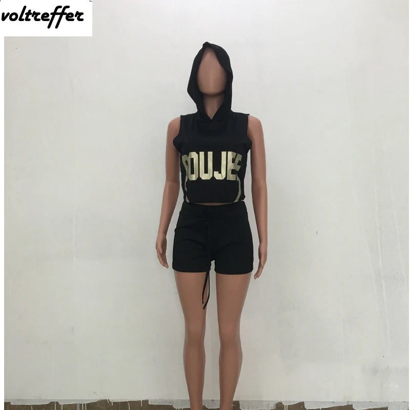 Письмо печати из двух частей Moleton Feminino капюшоном Растениеводство топ и шорты