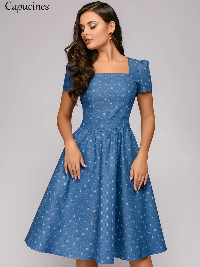Vintage Square Collar Print Dress Women Summer Puff Sleeve Slim A-Line Elegant Party Dresses Casual Short Sleeves Female Vestido