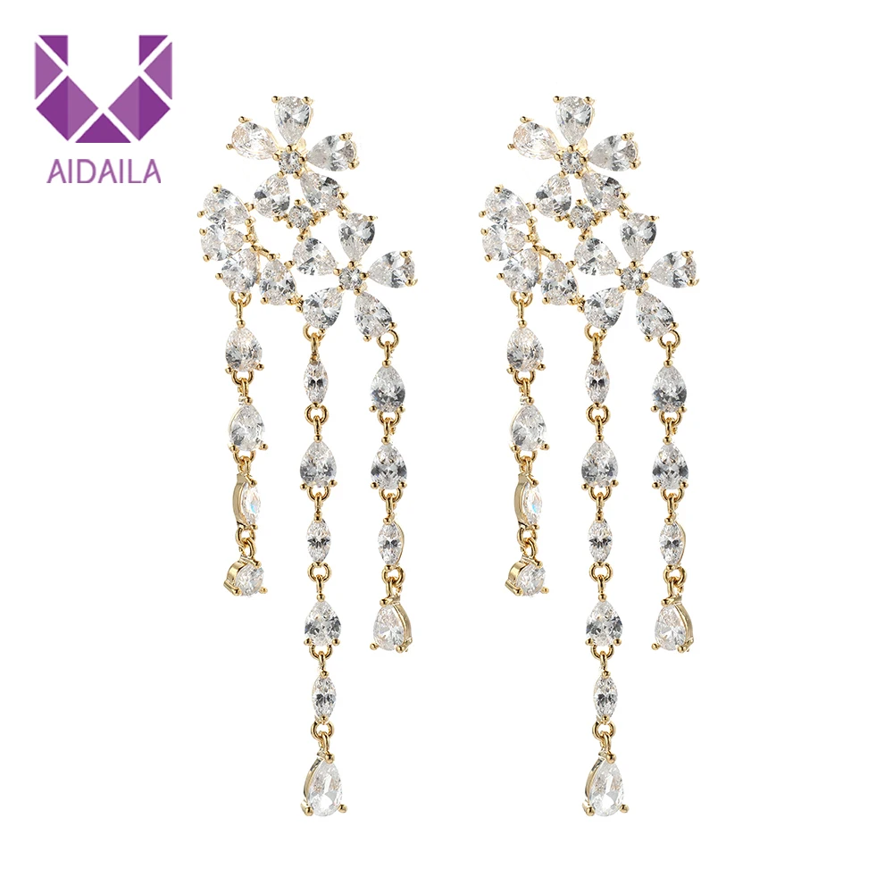 Женские длинные висячие серьги с фианитом AAA + цветком и цветочной кисточкой