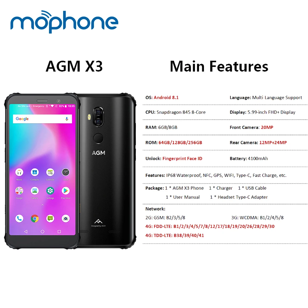 AGM X3 прочный 4G 8/6GB + 256/128/64GB Водонепроницаемый мобильный телефон 5 99 &quotQualcomm 845