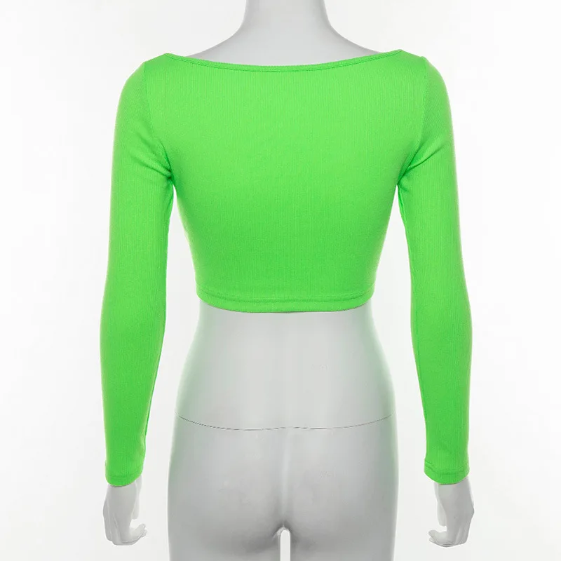 STAY TIDY Casual Knitted Hollow Out Safety Buckle Crop Tops 2019 Autumn Women Long Sleeve Square Collar T Shirt Sexy Streetwear | Женская