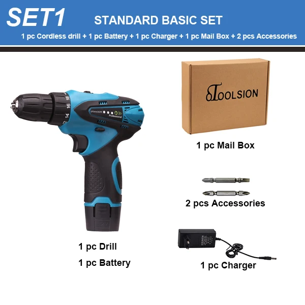 SET1 (1 pc battery) Электрические Шуруповерты с переменной скоростью 12 В 1500 мАч с 2 батареями, электрическая дрель, Аккумуляторная дрель, электроинструменты+ 2 шт., сверло, подарок - Цвет: SET1 (1 pc battery)