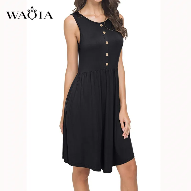 Waqia 2019 летнее платье женское однотонное мини без рукавов Boho короткое пляжное