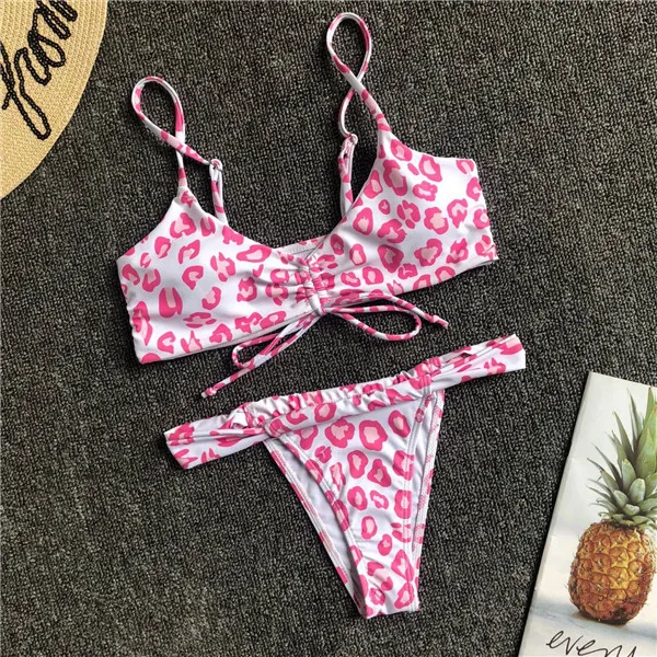 Бикини розовый Леопардовый купальник Maillot De Bain женский раздельный купальник для плавания для отдыха пуш-ап комплект бикини на завязках