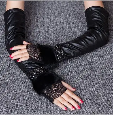 Ladies sheepskin gloves mittens autumn winter arm warmer real rex rabbit fur fingerless long women |