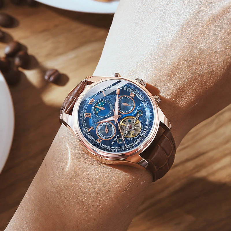 Мужские автоматические механические часы спортивные водонепроницаемые из кожи
