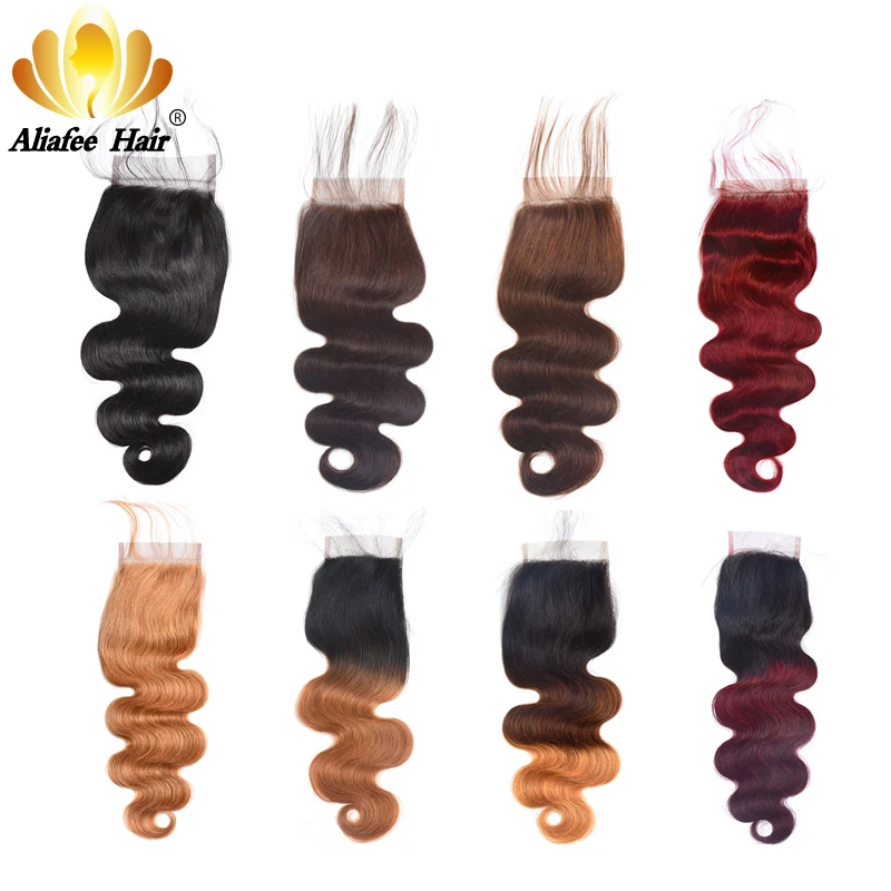 

AliAfee Hair #1b/#2/#4/#27/#99/#Burgundy 4*4 Swiss Lace Closure Brazilian Body Wave 130% Density Remy Human Hair 8''-20