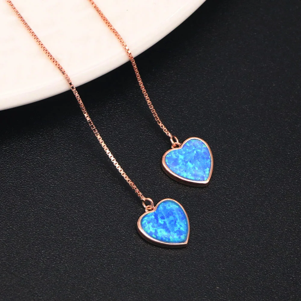 

RH0127 Heart blue opal earrings sweet temperament long earrings 925 sterling silver Heart earrings for women's fashion jewelry
