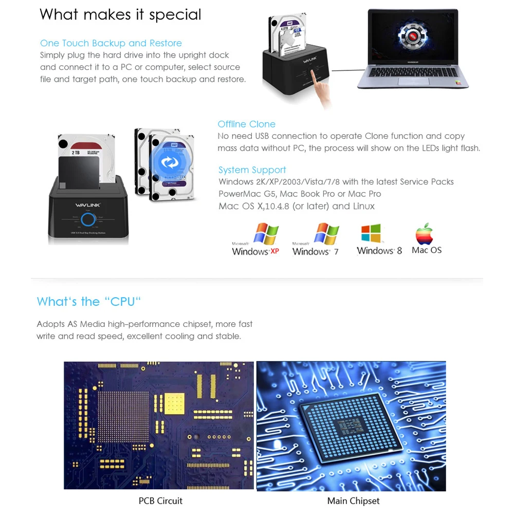 Wavlink двойной отсек SATA к USB3.0 внешний жесткий диск Док-станция для 2,5/3,5 дюймов HDD/SSD офлайн клон/Резервное копирование/UASP функции