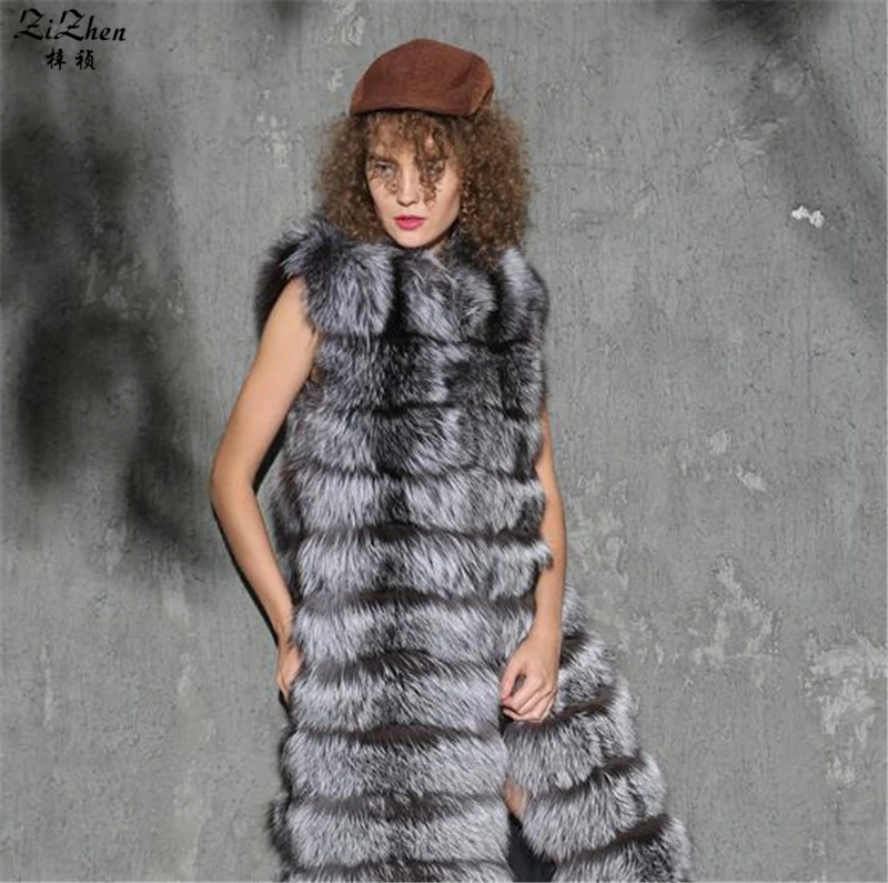 Новые длинные из натуральной серебро и красный жилет меха лисы для Для женщин