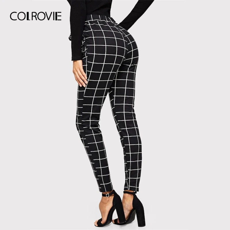 COLROVIE/черная клетчатая рабочая одежда с поясом и узлом; зимние обтягивающие брюки для женщин; коллекция года; сезон весна; уличные брюки; женские офисные брюки