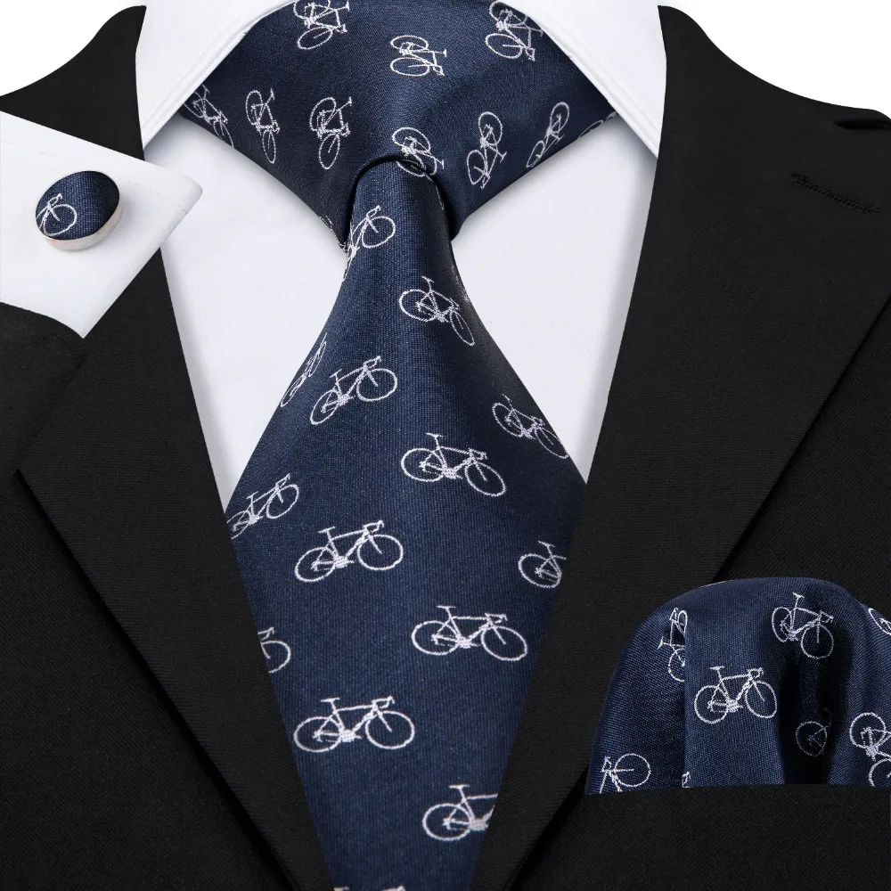 LS-5066 Mens Tie Silk Bicycle Pattern Barry.Wang Navy 8.5cm Neck Ties For Men Wedding Gift Tie Hanky Cufflinks Set Dropshipping