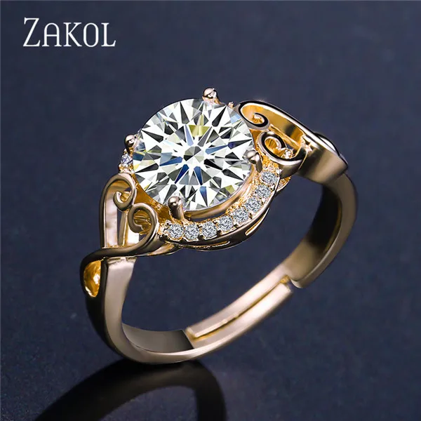 Gold Color ZAKOL, Классические европейские женские кольца, белые, большие, кубические, циркониевые, для женщин, для девушек, вечерние, свадебные ювелирные изделия, FSRP2045 - Цвет основного камня: Gold Color