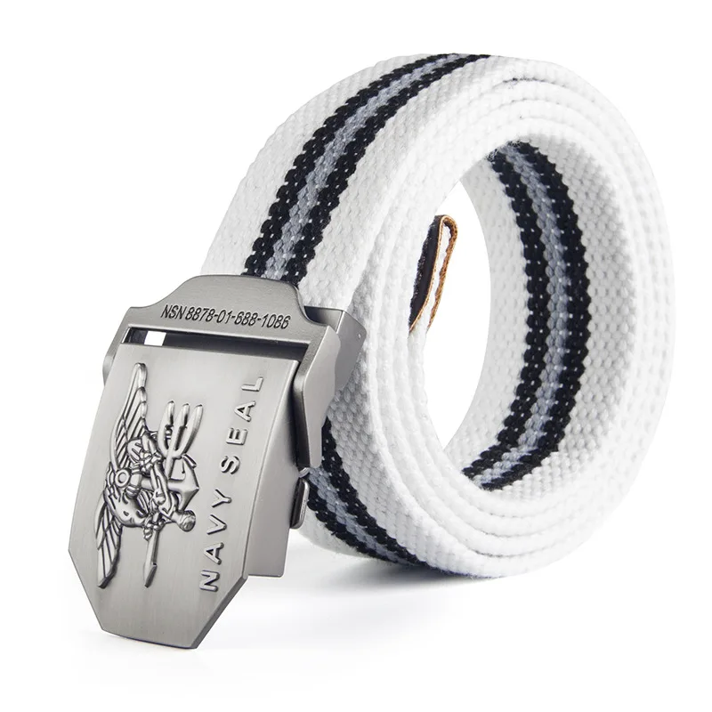 White Stripes Belt 12 типов холщовый мужской ремень темно-синего цвета с металлической гладкой пряжкой полосатый мужской ремень из сплава орла армейский ремень длинный Регулируемый черный пояс для талии - Цвет: White Stripes Belt